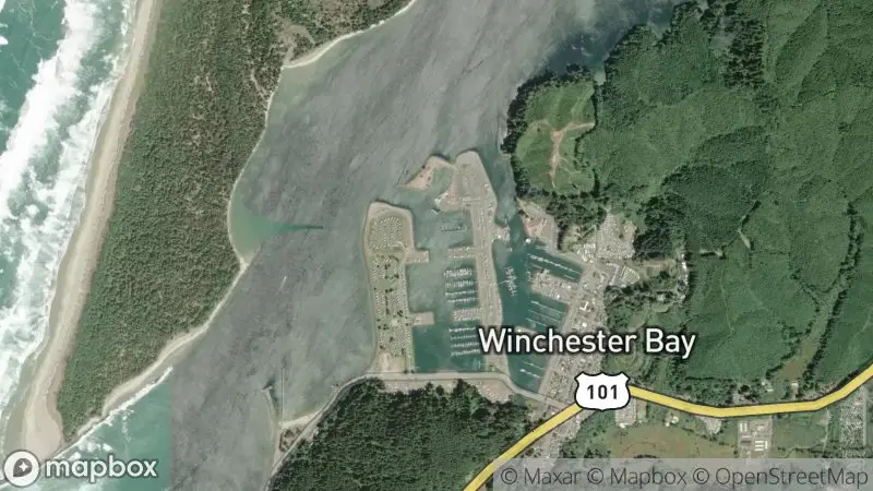 Map of where the Winchester Bay Cam (Oregon Dunes NRA gateway) webcam is