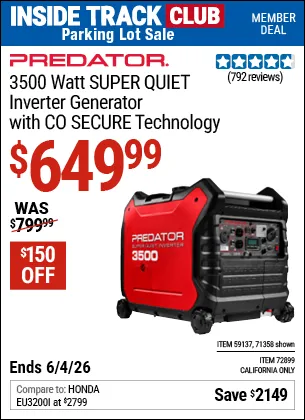 Predator 3500 Watt Super Quiet Inverter Generator (with CO SECURE)
