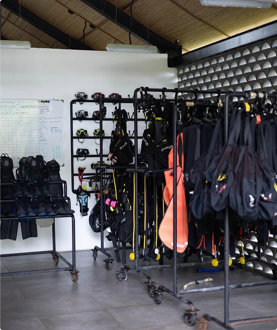 Scuba equipment stored at Deep Roots Diving Centre