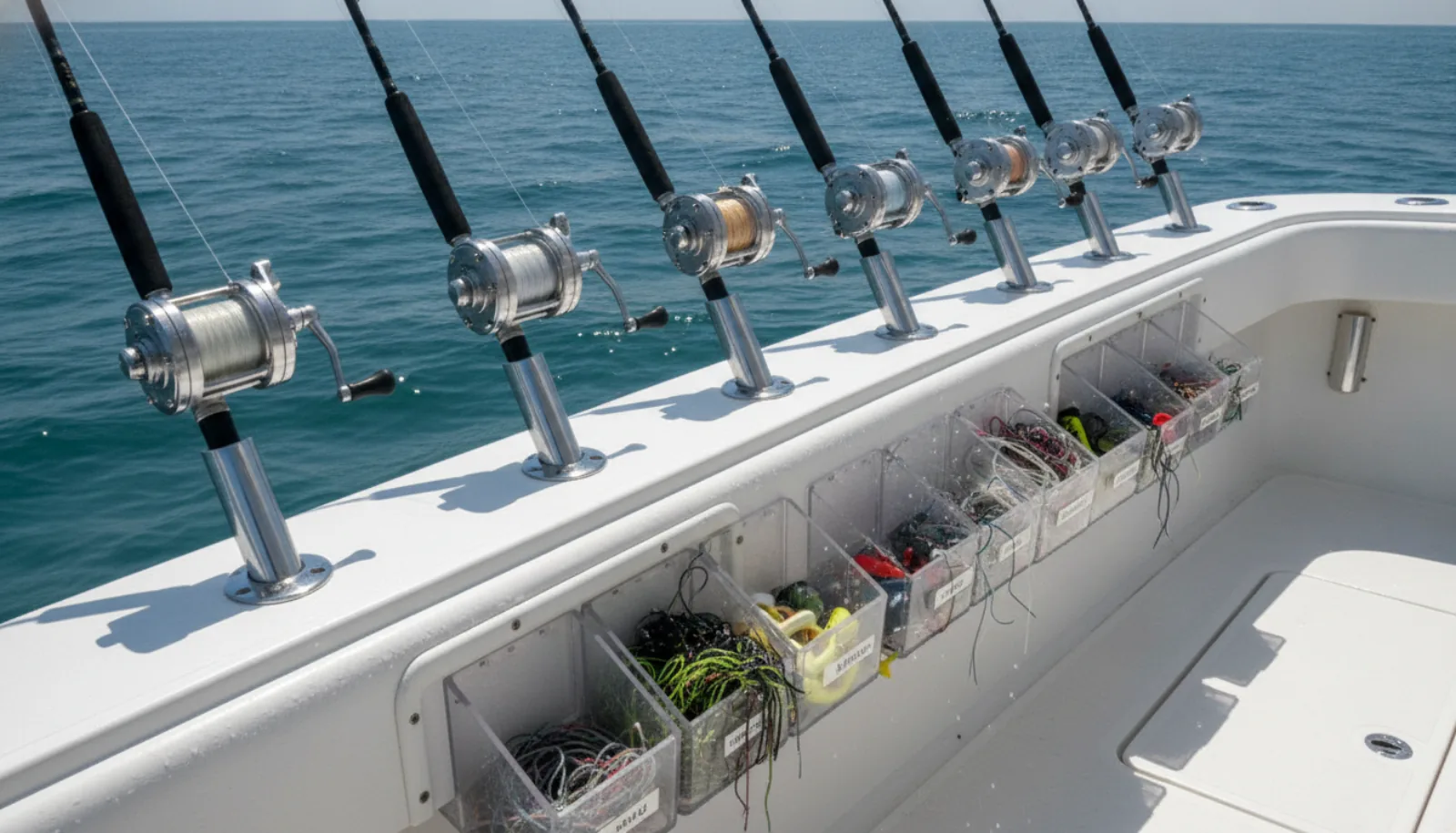 Rigged rods ready in the gunwale rack