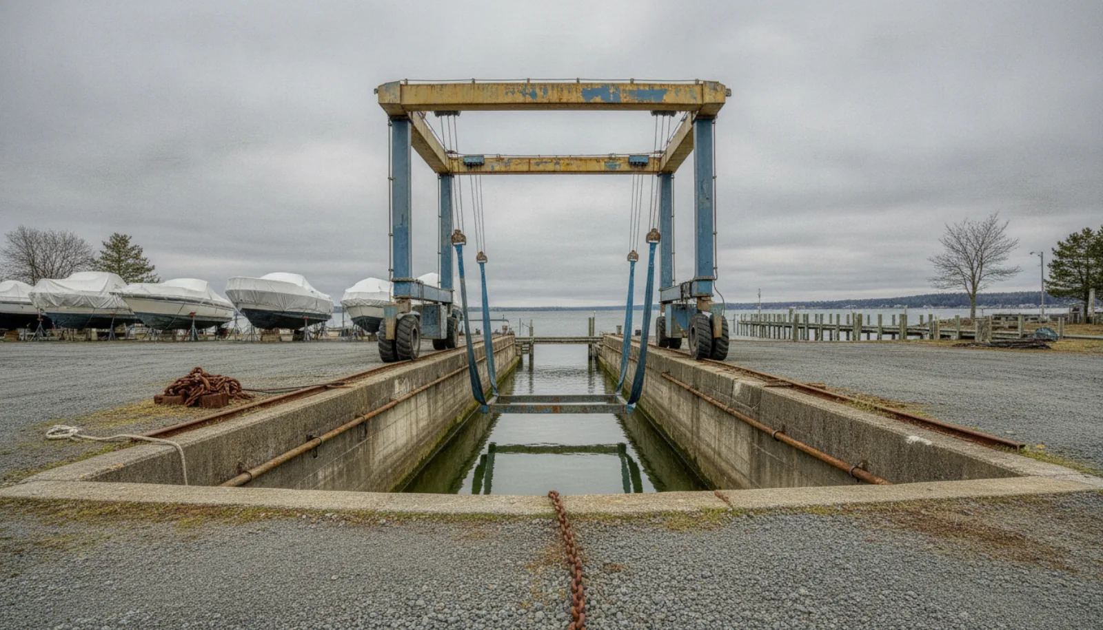 The travel-lift over the haul-out well