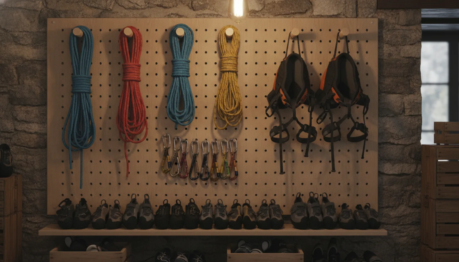 Ropes, draws, and shoes on the gear-room wall