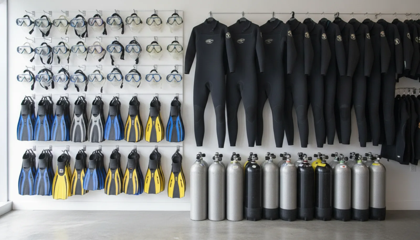 Masks, fins, and wetsuits in the rental room