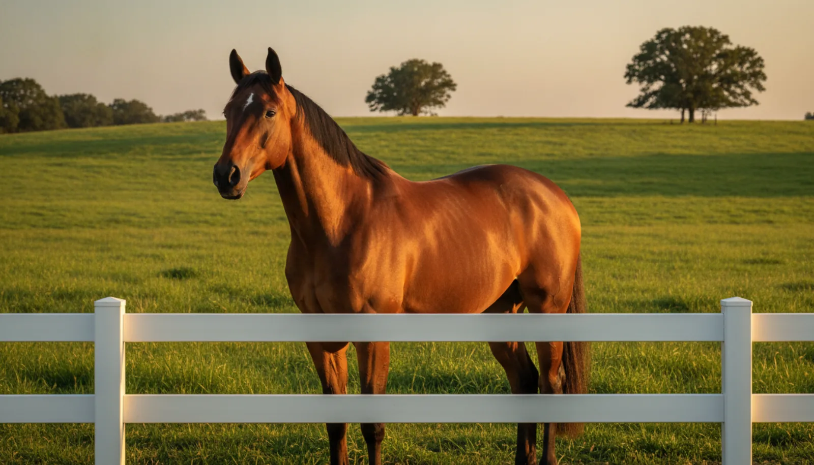 A bay horse in the paddock at golden hour