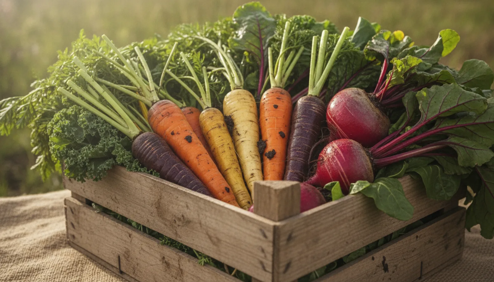 A crate of just-harvested vegetables for the CSA share