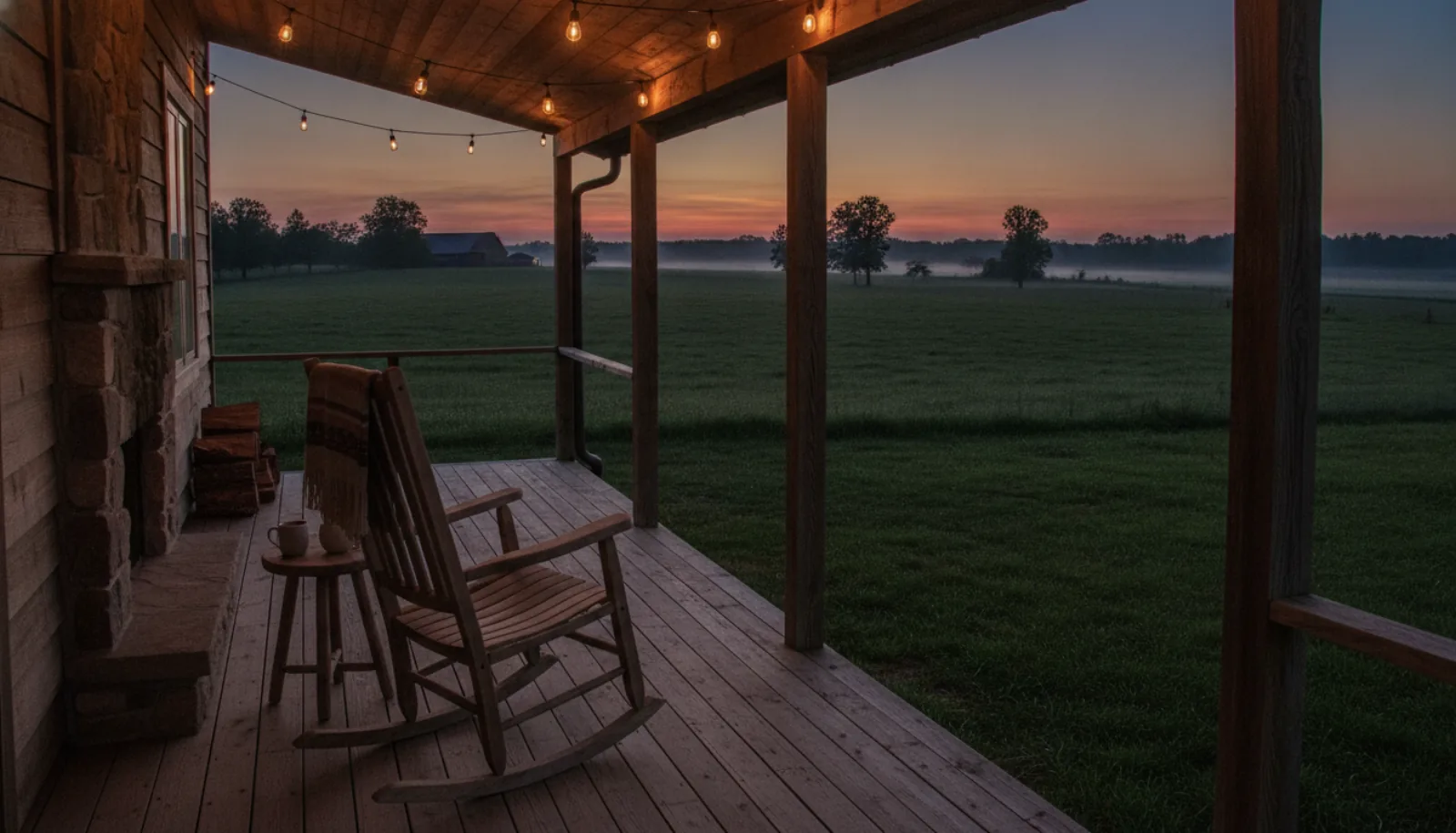 The farm-stay cabin porch at dusk
