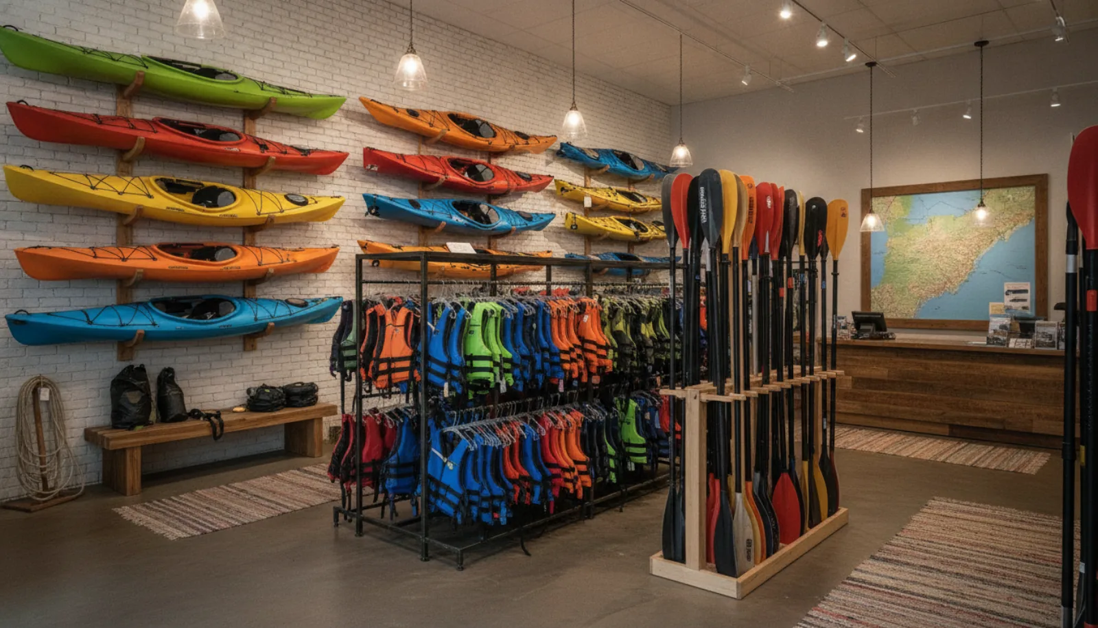 Boats, paddles, and PFDs in the outfitter shop