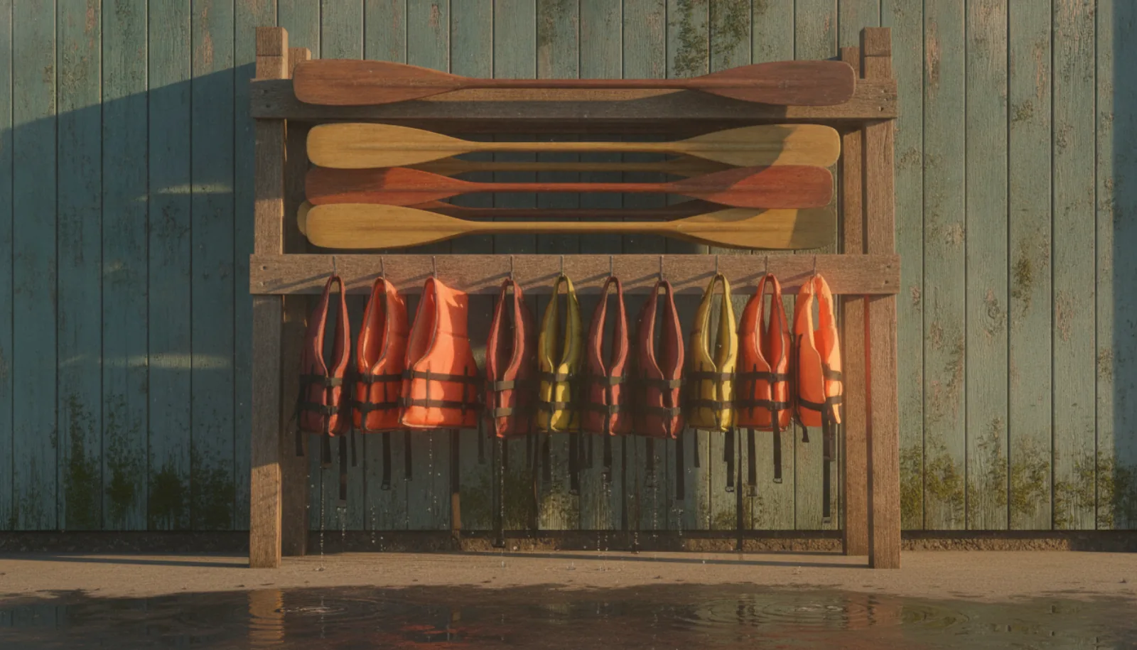 Paddles and PFDs on the rack