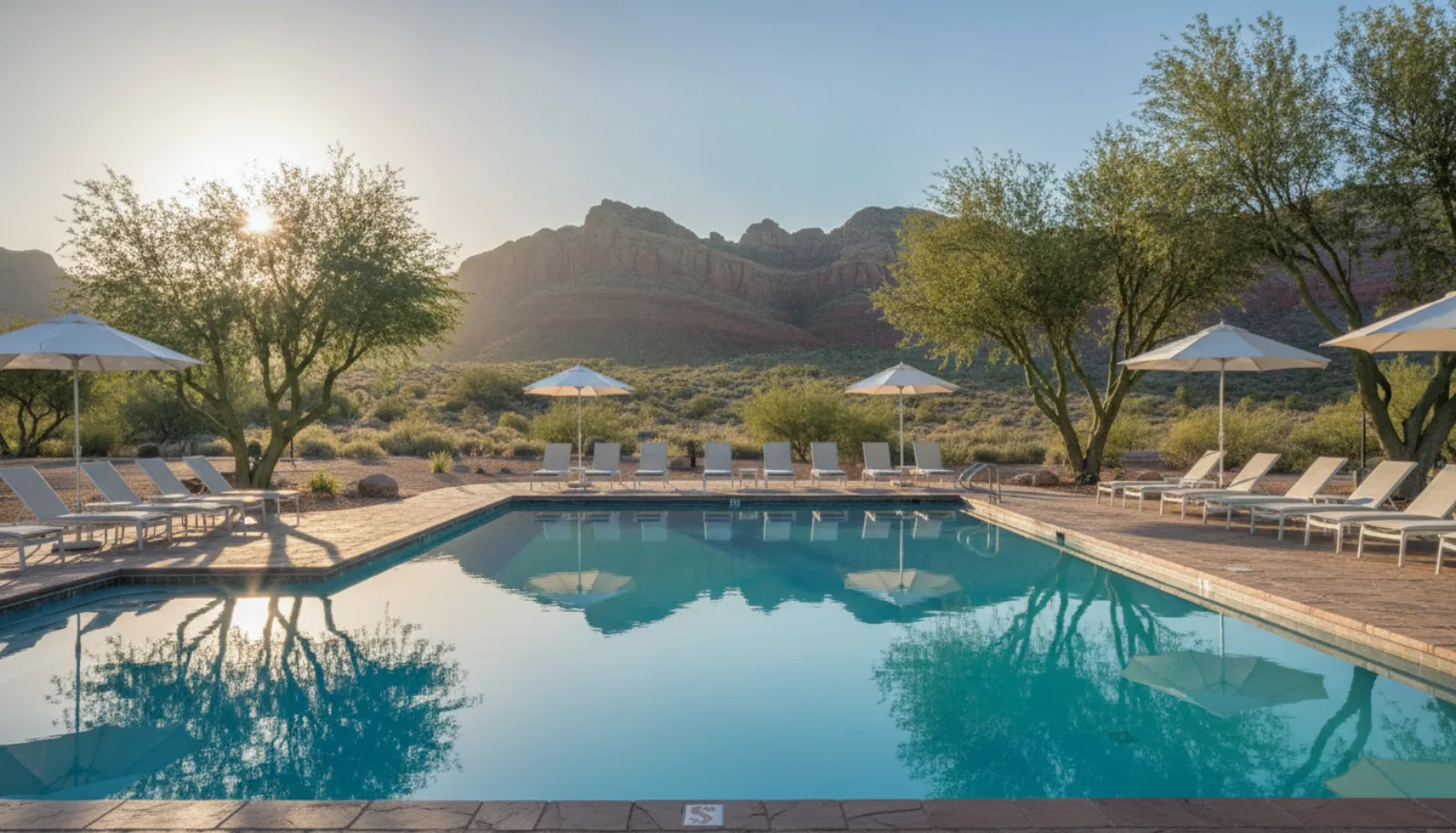 The resort pool and sun deck on a clear morning