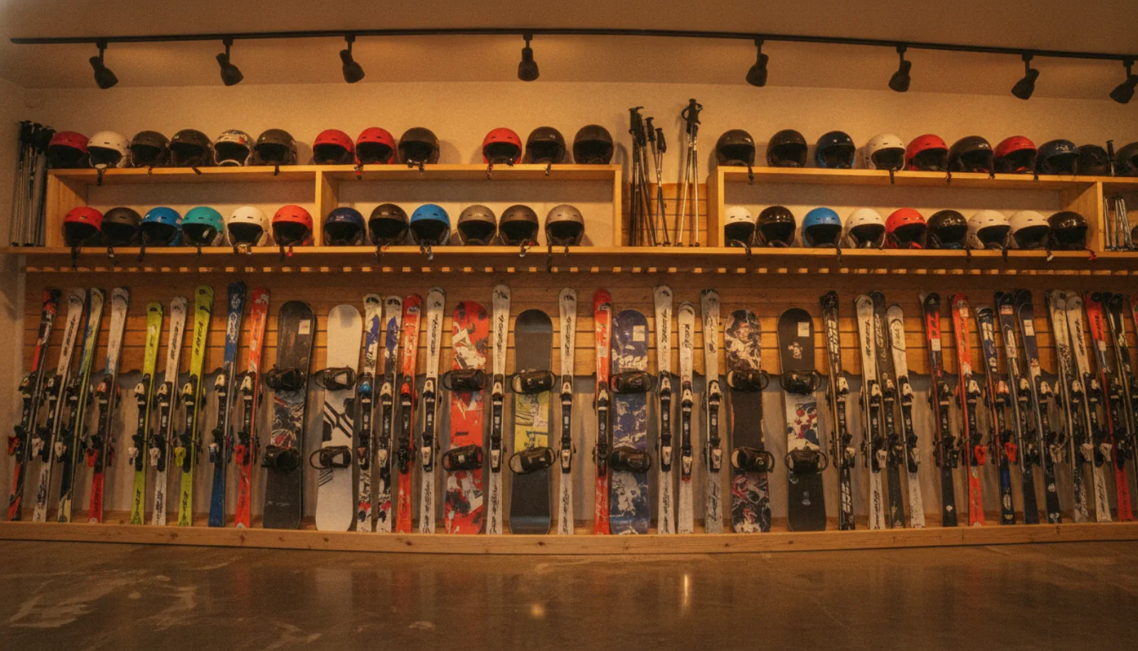 Tuned skis and gear in the rental shop