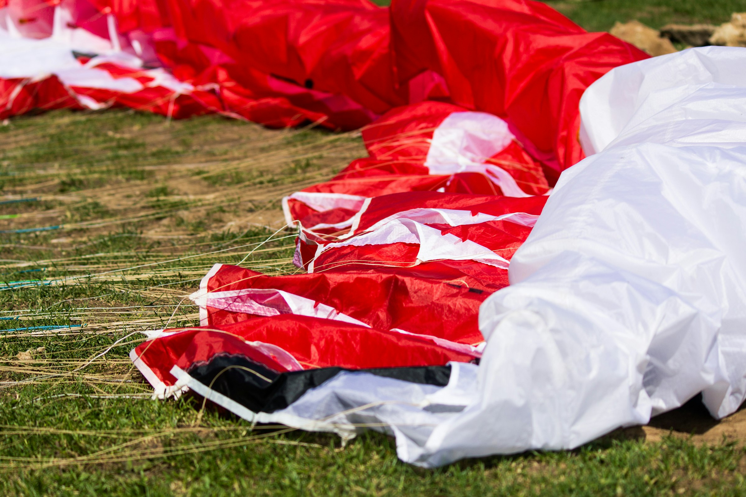 A canopy laid out on the grass to pack