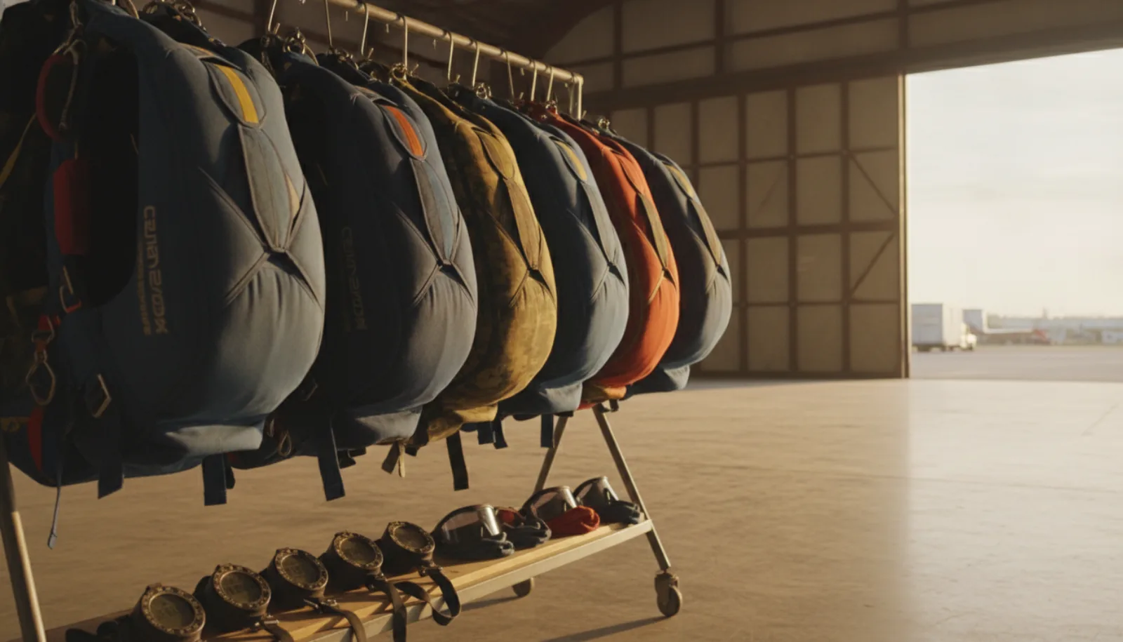 Packed rigs and gear staged in the hangar